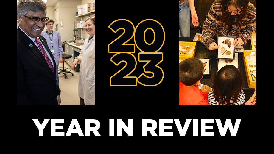2023 Year in Review, a portion of the annual report cover with image of NSF Director Sethuraman Panchanathan and children looking at insects in the 2023 Columbia Young Scientists Expo